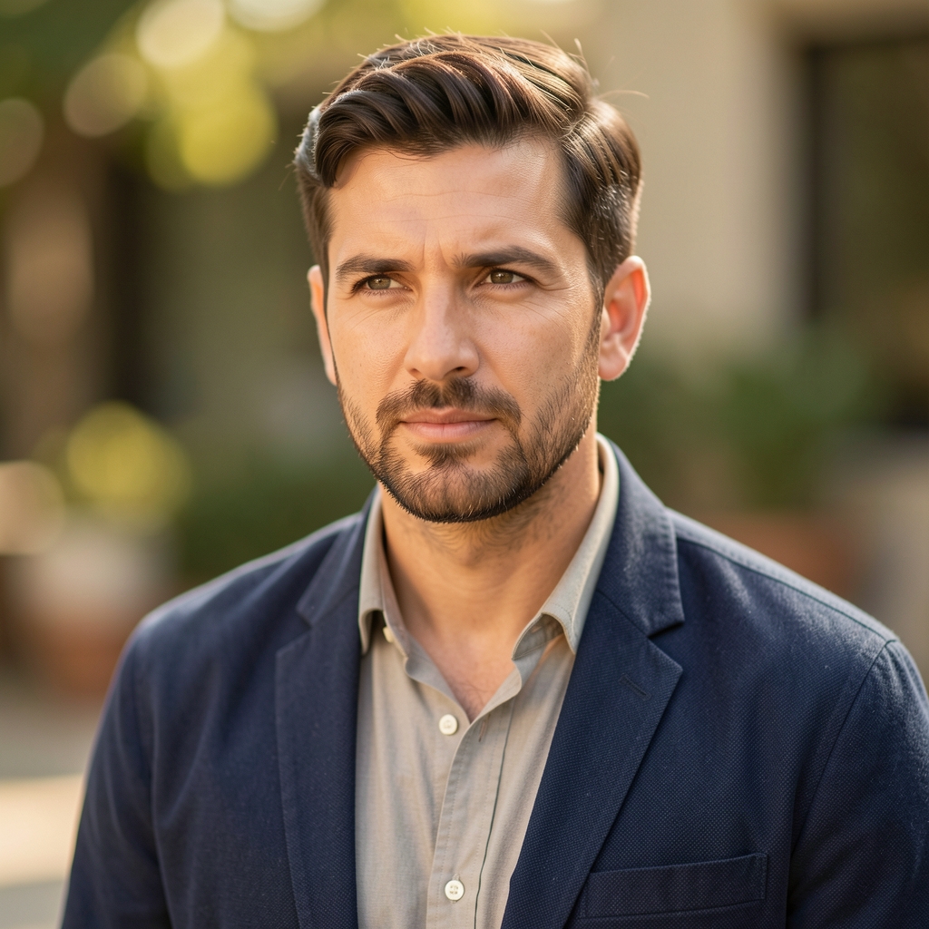 Male editorial portrait in warm natural light, thoughtful expression, casual professional setting