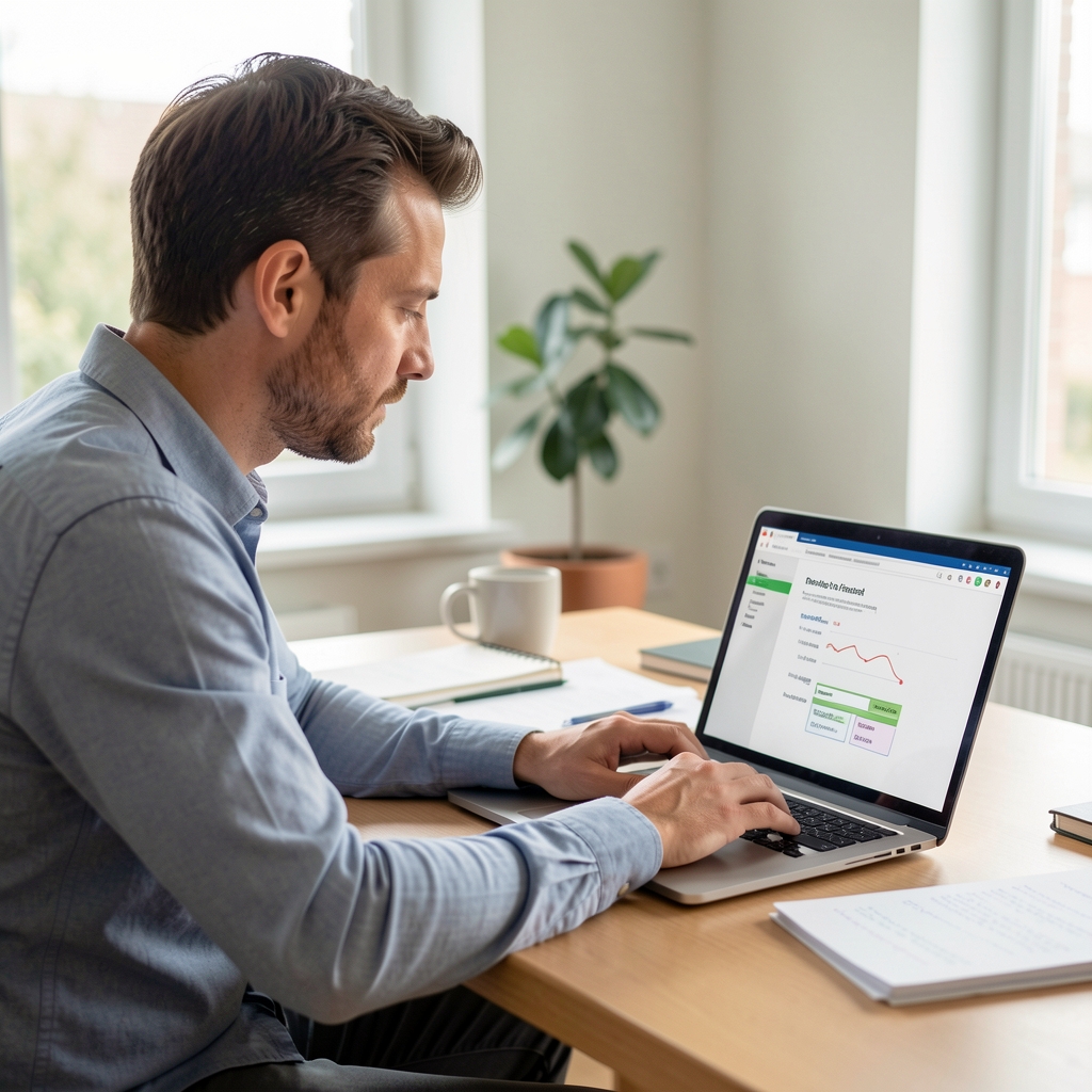 Man at a laptop reviewing nutrition notes in editorial daylight, calm workspace composition