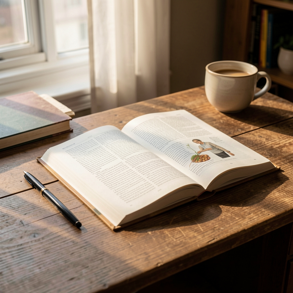 Open nutrition journal resting on a wooden desk with morning light, editorial still life